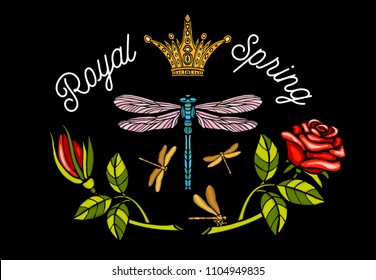 Dragonfly, spring, roses, crown flowers embroidery patch red. Flowers floral leaf wings Insect embroidery  t shirt fashion. Hand drawn vector illustration