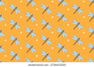 Dragonfly with star seamless pattern on orange background. Repeating dragonfly pattern with blue wings. Orange seamless pattern with dragonfly illustrations