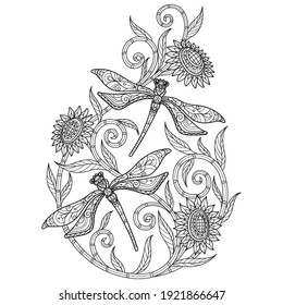Dragonfly and sunflower.
Zentangle stylized cartoon isolated on white background. 
Hand drawn sketch illustration for adult coloring book. 
