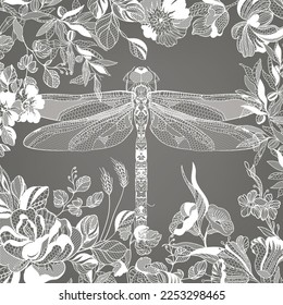 dragonfly surrounded by flowers. Lace vector illustration
