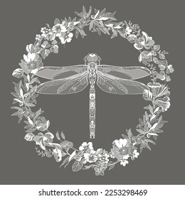 dragonfly surrounded by flowers. Lace vector illustration
