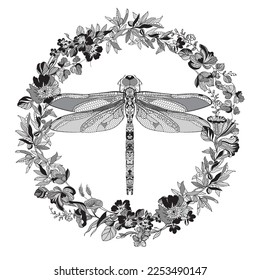 dragonfly surrounded by flowers. Lace vector illustration