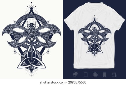 Dragonfly tattoo celtic style. Alchemy, religion, occultism, spirituality signs. T-shirt design. Vector graphics template. Hand drawn illustration 