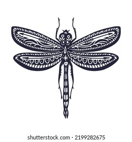 Dragonfly tattoo sketch. Vector graphic illustration. Mystical ink symbol isolated on white background. Alchemy, logo for print