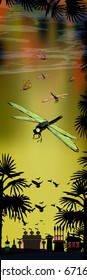 Dragonfly with transparent wings on a yellow background with the silhouette of palms and the city. Vector illustration of children's beautiful for your design, for printing, website, sublimation