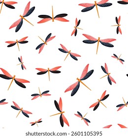 Dragonfly trendy seamless pattern. Repeating dress textile print with damselfly insects. Isolated water dragonfly vector wallpaper. Nature breathers seamless. Damselflies with wings.