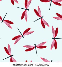 Dragonfly trendy seamless pattern. Spring dress fabric print with damselfly insects. Garden water dragonfly vector background. Fauna creatures seamless. Damselflies with wings.