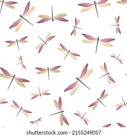 Dragonfly trendy seamless pattern. Spring clothes textile print with damselfly insects. Graphic water dragonfly vector background. Nature organisms seamless. Damselflies with wings.