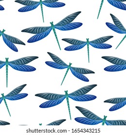 Dragonfly trendy seamless pattern. Summer dress textile print with darning-needle insects. Close up water dragonfly vector ornament. Wildlife creatures seamless. Damselfly silhouettes.