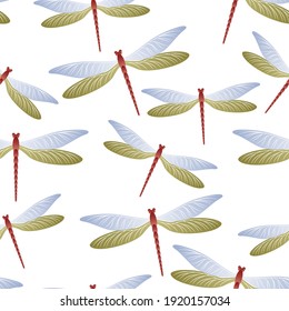 Dragonfly trendy seamless pattern. Summer clothes fabric print with damselfly insects. Close up water dragonfly vector illustration. Nature organisms seamless. Damselfly silhouettes.