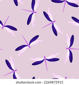 Dragonfly trendy seamless pattern. Summer clothes fabric print with darning-needle insects. Flying water dragonfly vector wallpaper. Nature organisms seamless. Damselflies with wings.