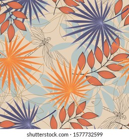 Dragonfly and tropical leafes - seamless vector repeat pattern