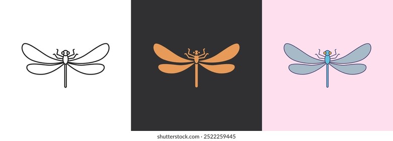 Dragonfly vector icon set. Black and colorful logo template