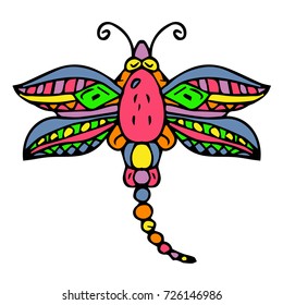 Dragonfly vector illustration. Doodle. Design icon, print, logo, poster, symbol, decor, textile, paper.
