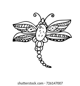 Dragonfly vector illustration. Doodle. Design icon, print, logo, poster, symbol, decor, textile, paper.