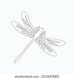 Dragonfly ilustração vetorial, desenhado à mão, isolado em um fundo branco, elementos isolados em um fundo branco. Libélula estilizada. Vetor. Desenho em uma linha. Imagem em preto e branco. Libélula