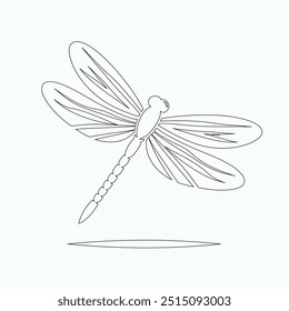 Dragonfly ilustração vetorial, desenhado à mão, isolado em um fundo branco, elementos isolados em um fundo branco. Libélula estilizada. Vetor. Desenho em uma linha. Imagem em preto e branco. Libélula