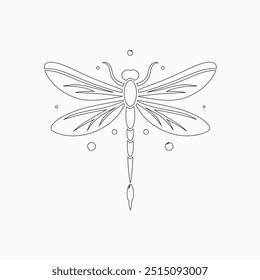 Dragonfly ilustração vetorial, desenhado à mão, isolado em um fundo branco, elementos isolados em um fundo branco. Libélula estilizada. Vetor. Desenho em uma linha. Imagem em preto e branco. Libélula