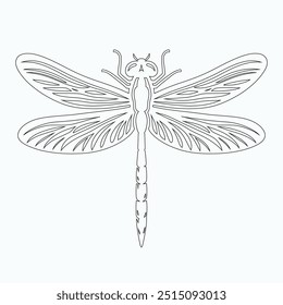 Dragonfly ilustração vetorial, desenhado à mão, isolado em um fundo branco, elementos isolados em um fundo branco. Libélula estilizada. Vetor. Desenho em uma linha. Imagem em preto e branco. Libélula