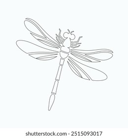 Dragonfly ilustração vetorial, desenhado à mão, isolado em um fundo branco, elementos isolados em um fundo branco. Libélula estilizada. Vetor. Desenho em uma linha. Imagem em preto e branco. Libélula