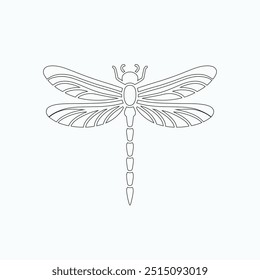 Dragonfly ilustração vetorial, desenhado à mão, isolado em um fundo branco, elementos isolados em um fundo branco. Libélula estilizada. Vetor. Desenho em uma linha. Imagem em preto e branco. Libélula