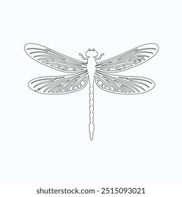 Dragonfly ilustração vetorial, desenhado à mão, isolado em um fundo branco, elementos isolados em um fundo branco. Libélula estilizada. Vetor. Desenho em uma linha. Imagem em preto e branco. Libélula