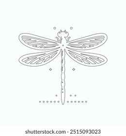 Dragonfly ilustração vetorial, desenhado à mão, isolado em um fundo branco, elementos isolados em um fundo branco. Libélula estilizada. Vetor. Desenho em uma linha. Imagem em preto e branco. Libélula