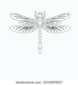 Dragonfly ilustração vetorial, desenhado à mão, isolado em um fundo branco, elementos isolados em um fundo branco. Libélula estilizada. Vetor. Desenho em uma linha. Imagem em preto e branco. Libélula