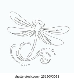 Dragonfly ilustração vetorial, desenhado à mão, isolado em um fundo branco, elementos isolados em um fundo branco. Libélula estilizada. Vetor. Desenho em uma linha. Imagem em preto e branco. Libélula