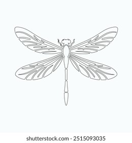 Dragonfly ilustração vetorial, desenhado à mão, isolado em um fundo branco, elementos isolados em um fundo branco. Libélula estilizada. Vetor. Desenho em uma linha. Imagem em preto e branco. Libélula