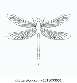 Dragonfly ilustração vetorial, desenhado à mão, isolado em um fundo branco, elementos isolados em um fundo branco. Libélula estilizada. Vetor. Desenho em uma linha. Imagem em preto e branco. Libélula