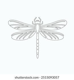 Dragonfly ilustração vetorial, desenhado à mão, isolado em um fundo branco, elementos isolados em um fundo branco. Libélula estilizada. Vetor. Desenho em uma linha. Imagem em preto e branco. Libélula