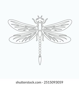 Dragonfly ilustração vetorial, desenhado à mão, isolado em um fundo branco, elementos isolados em um fundo branco. Libélula estilizada. Vetor. Desenho em uma linha. Imagem em preto e branco. Libélula