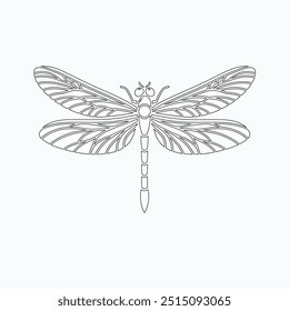 Dragonfly ilustração vetorial, desenhado à mão, isolado em um fundo branco, elementos isolados em um fundo branco. Libélula estilizada. Vetor. Desenho em uma linha. Imagem em preto e branco. Libélula