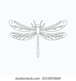 Dragonfly ilustração vetorial, desenhado à mão, isolado em um fundo branco, elementos isolados em um fundo branco. Libélula estilizada. Vetor. Desenho em uma linha. Imagem em preto e branco. Libélula