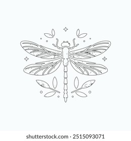 Dragonfly ilustração vetorial, desenhado à mão, isolado em um fundo branco, elementos isolados em um fundo branco. Libélula estilizada. Vetor. Desenho em uma linha. Imagem em preto e branco. Libélula