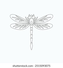 Dragonfly ilustração vetorial, desenhado à mão, isolado em um fundo branco, elementos isolados em um fundo branco. Libélula estilizada. Vetor. Desenho em uma linha. Imagem em preto e branco. Libélula