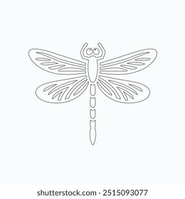 Dragonfly ilustração vetorial, desenhado à mão, isolado em um fundo branco, elementos isolados em um fundo branco. Libélula estilizada. Vetor. Desenho em uma linha. Imagem em preto e branco. Libélula