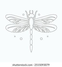 Dragonfly ilustração vetorial, desenhado à mão, isolado em um fundo branco, elementos isolados em um fundo branco. Libélula estilizada. Vetor. Desenho em uma linha. Imagem em preto e branco. Libélula