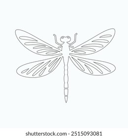 Dragonfly ilustração vetorial, desenhado à mão, isolado em um fundo branco, elementos isolados em um fundo branco. Libélula estilizada. Vetor. Desenho em uma linha. Imagem em preto e branco. Libélula