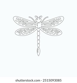 Dragonfly ilustração vetorial, desenhado à mão, isolado em um fundo branco, elementos isolados em um fundo branco. Libélula estilizada. Vetor. Desenho em uma linha. Imagem em preto e branco. Libélula