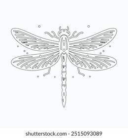 Dragonfly ilustração vetorial, desenhado à mão, isolado em um fundo branco, elementos isolados em um fundo branco. Libélula estilizada. Vetor. Desenho em uma linha. Imagem em preto e branco. Libélula