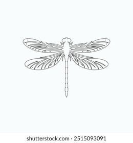 Dragonfly ilustração vetorial, desenhado à mão, isolado em um fundo branco, elementos isolados em um fundo branco. Libélula estilizada. Vetor. Desenho em uma linha. Imagem em preto e branco. Libélula