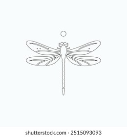 Dragonfly ilustração vetorial, desenhado à mão, isolado em um fundo branco, elementos isolados em um fundo branco. Libélula estilizada. Vetor. Desenho em uma linha. Imagem em preto e branco. Libélula