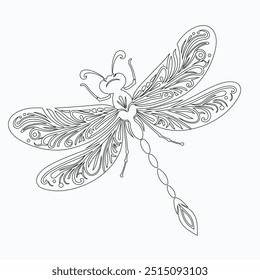 Dragonfly ilustração vetorial, desenhado à mão, isolado em um fundo branco, elementos isolados em um fundo branco. Libélula estilizada. Vetor. Desenho em uma linha. Imagem em preto e branco. Libélula