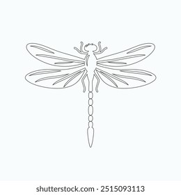 Dragonfly ilustração vetorial, desenhado à mão, isolado em um fundo branco, elementos isolados em um fundo branco. Libélula estilizada. Vetor. Desenho em uma linha. Imagem em preto e branco. Libélula