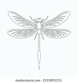 Dragonfly ilustração vetorial, desenhado à mão, isolado em um fundo branco, elementos isolados em um fundo branco. Libélula estilizada. Vetor. Desenho em uma linha. Imagem em preto e branco. Libélula