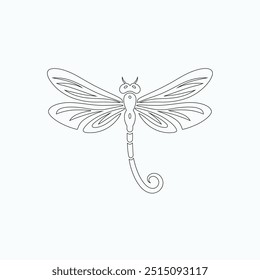 Dragonfly ilustração vetorial, desenhado à mão, isolado em um fundo branco, elementos isolados em um fundo branco. Libélula estilizada. Vetor. Desenho em uma linha. Imagem em preto e branco. Libélula