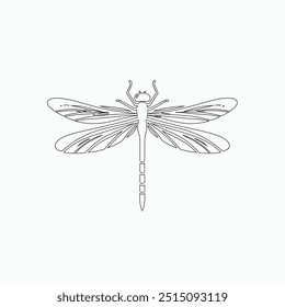 Dragonfly ilustração vetorial, desenhado à mão, isolado em um fundo branco, elementos isolados em um fundo branco. Libélula estilizada. Vetor. Desenho em uma linha. Imagem em preto e branco. Libélula