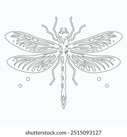 Dragonfly ilustração vetorial, desenhado à mão, isolado em um fundo branco, elementos isolados em um fundo branco. Libélula estilizada. Vetor. Desenho em uma linha. Imagem em preto e branco. Libélula